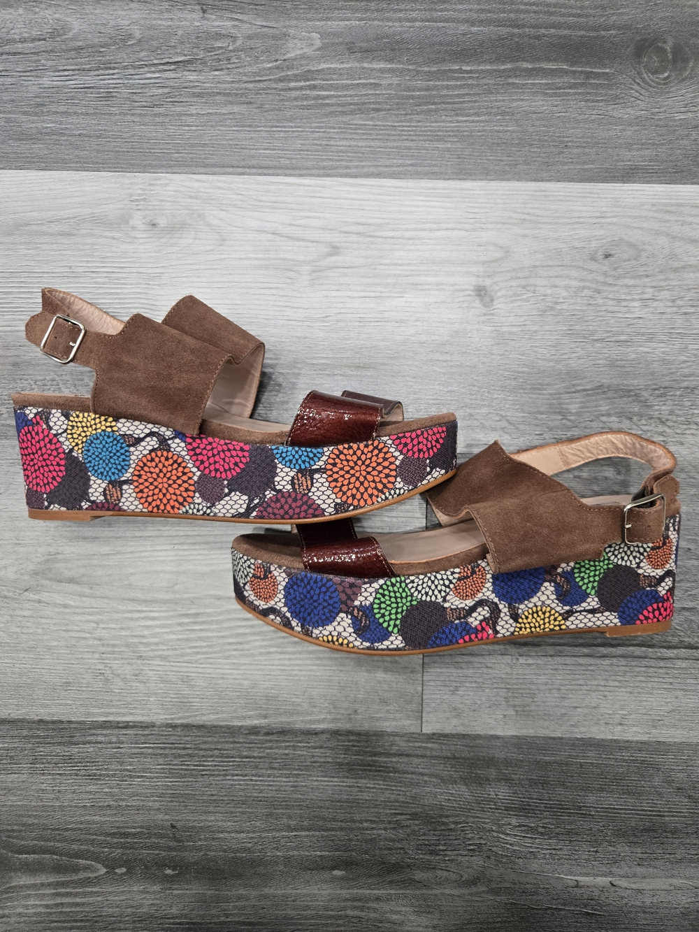 Brown Suede Platform Sandals with Colorful Printed Wedge